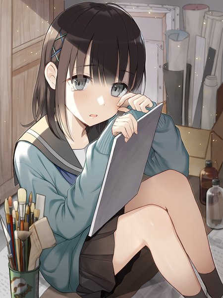 Anime picture 1141x1522 with original utaka (anyoanyot) single tall image looking at viewer blush fringe short hair open mouth black hair sitting indoors long sleeves from above grey eyes sleeves past wrists girl skirt uniform hair ornament