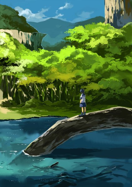 Anime picture 744x1052 with original kyouichi single tall image short hair standing blue hair sky cloud (clouds) from behind mountain hands in pockets lake no face boy plant (plants) tree (trees) shorts forest