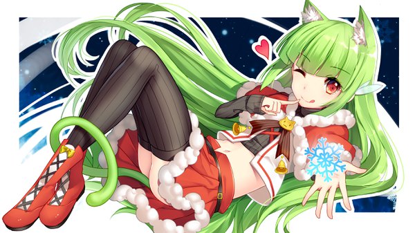 Anime picture 2500x1406 with os-tan moegirlpedia-tan bison cangshu single long hair looking at viewer fringe highres light erotic red eyes wide image animal ears full body tail long sleeves animal tail one eye closed green hair cat ears midriff