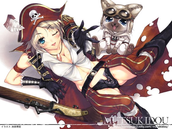 Anime picture 1600x1200 with monster hunter felyne ikeda yasuhiro highres short hair breasts blue eyes light erotic blonde hair cleavage one eye closed wink teeth fang (fangs) cameltoe pirate gloves hat belt tongue