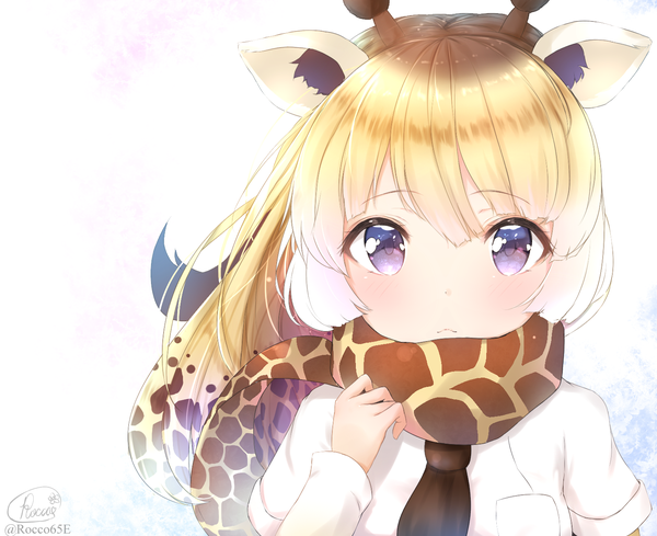 Anime picture 1505x1229 with kemono friends reticulated giraffe (kemono friends) kashiwamochi roko single long hair looking at viewer blush fringe blonde hair hair between eyes purple eyes signed animal ears upper body ponytail twitter username cute girl shirt necktie