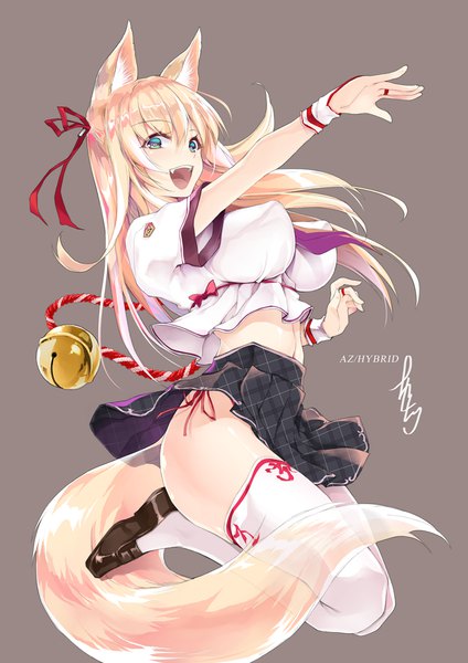 Anime picture 770x1090 with original won (az hybrid) single long hair tall image looking at viewer blush fringe breasts open mouth blue eyes light erotic simple background blonde hair hair between eyes large breasts signed animal ears full body bent knee (knees)