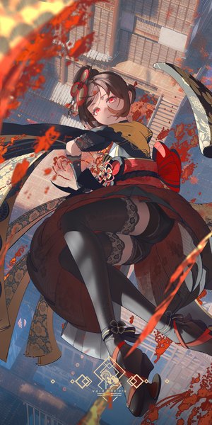 Anime picture 1080x2160 with genshin impact chiori (genshin impact) void 0 (artist) single tall image looking at viewer fringe short hair red eyes brown hair signed full body outdoors parted lips from above crossed legs architecture midair east asian architecture girl
