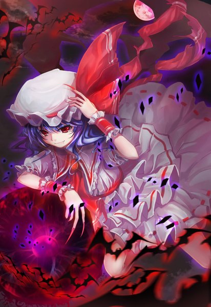 Anime picture 1181x1717 with touhou remilia scarlet sola (sola04) single tall image short hair smile red eyes blue hair night teeth fang (fangs) red moon girl dress wings