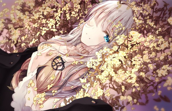 Anime picture 3500x2260 with fate (series) fate/grand order anastasia (fate) viy (fate) eien no juu nana-sa single long hair looking at viewer blush fringe highres blue eyes smile absurdres silver hair lying hair over one eye dutch angle girl flower (flowers)