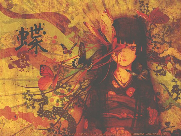 Anime picture 1600x1200 with hell girl studio deen enma ai single long hair looking at viewer black hair red eyes japanese clothes floral print hieroglyph girl kimono insect butterfly obi