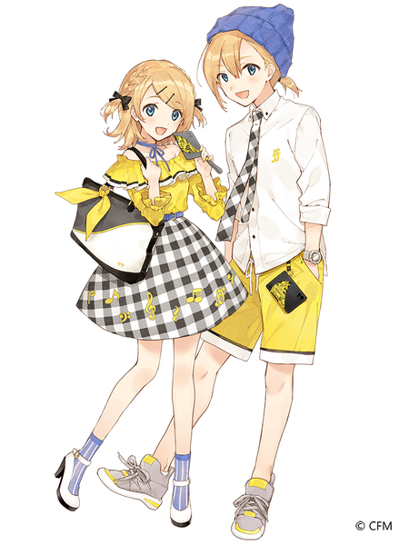 Anime picture 750x1000 with vocaloid kagamine rin kagamine len horiizumi inko tall image fringe short hair open mouth blue eyes simple background blonde hair hair between eyes white background full body :d high heels two side up plaid skirt low ponytail siblings
