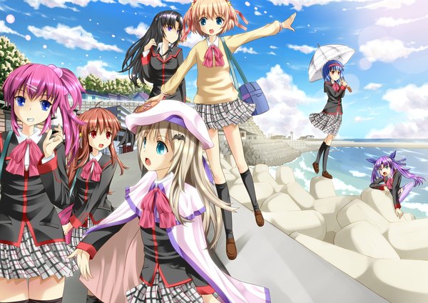 Anime picture 1500x1060 with little busters! key (studio) noumi kudryavka natsume rin kamikita komari kurugaya yuiko saigusa haruka nishizono mio futaki kanata blue eyes black hair blonde hair purple eyes multiple girls pink hair purple hair red hair 6+ girls 7 girls girl