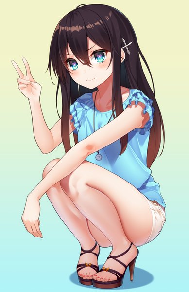 Anime picture 648x1000 with original ray littlechamber ray-akila single long hair tall image looking at viewer blush blue eyes simple background brown hair light smile bare legs high heels gradient background symbol-shaped pupils victory squat casual girl