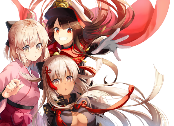 Anime picture 1501x1086 with fate (series) fate/grand order okita souji (fate) (all) okita souji (koha-ace) oda nobunaga (fate) (all) okita souji alter (fate) oda nobunaga (fate) nonono (nononotea) long hair looking at viewer blush fringe short hair breasts open mouth blonde hair simple background smile hair between eyes red eyes