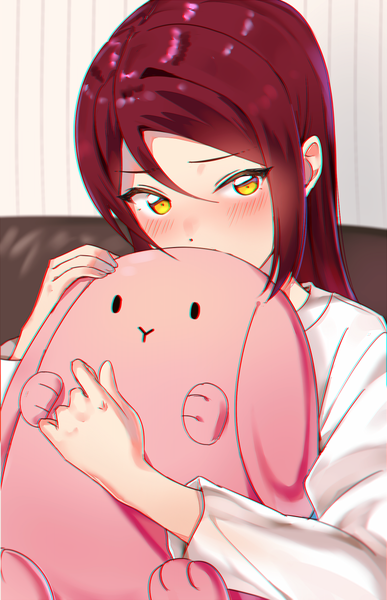 Anime picture 756x1173 with love live! sunshine!! sunrise (studio) love live! sakurauchi riko sellel single long hair tall image looking at viewer blush fringe hair between eyes holding yellow eyes payot upper body red hair indoors embarrassed hug