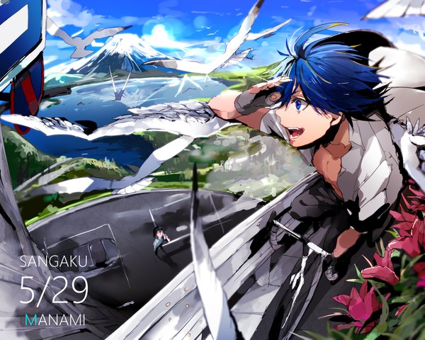 Anime picture 1500x1200 with yowamushi pedal toudou jinpachi sangaku manami border0715 fringe short hair open mouth blue eyes black hair blue hair looking away sky cloud (clouds) outdoors fingernails from above wind sunlight open clothes multiple boys