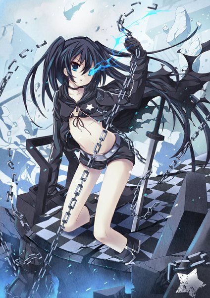 Anime picture 700x990 with black rock shooter black rock shooter (character) peach88 single long hair tall image blue eyes light erotic black hair twintails bare belly midriff glowing glowing eye (eyes) checkered floor floor ruins girl gloves navel