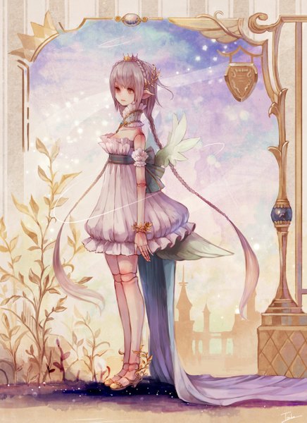 Anime picture 2000x2749 with masquerade dolls aka tonbo (lovetow) single tall image highres brown eyes looking away braid (braids) very long hair pointy ears twin braids doll joints girl dress plant (plants) wings halo crown doll (dolls)