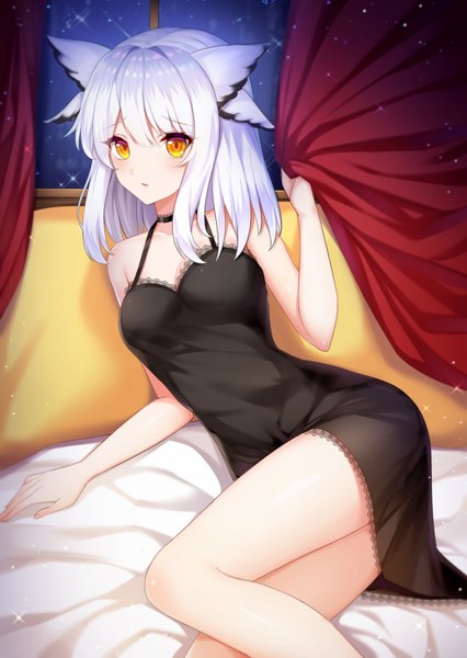 Anime picture 1064x1500 with arknights ptilopsis (arknights) bencao gangmu (anquan sy) single long hair tall image looking at viewer blush fringe short hair breasts hair between eyes bare shoulders holding animal ears cleavage silver hair bent knee (knees) indoors parted lips