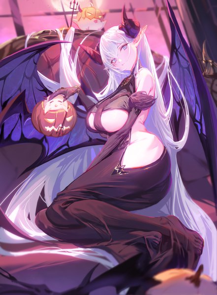 Anime picture 1050x1427 with azur lane manjuu (azur lane) albion (azur lane) albion (silvermoon faerie princess) (azur lane) dongfangzhong111 single tall image looking at viewer fringe breasts light erotic hair between eyes sitting full body ass white hair indoors very long hair horn (horns) pointy ears
