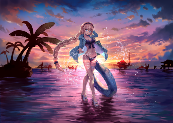 Anime picture 1097x780 with fate (series) fate/grand order jeanne d'arc (fate) (all) jeanne d'arc (swimsuit archer) ouka (ra-raradan) single long hair blush fringe breasts open mouth blue eyes light erotic blonde hair hair between eyes standing holding sky cleavage cloud (clouds)