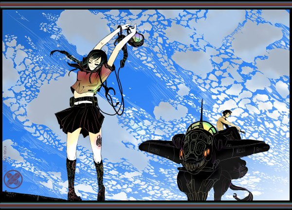 Anime picture 1220x880 with kyan-dog (artist) black hair smile sitting sky cloud (clouds) eyes closed tattoo single braid arms behind head stretch girl boy uniform school uniform socks belt black socks helmet monster