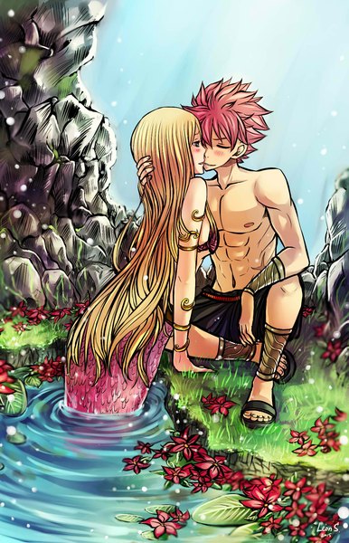 Anime picture 1297x2015 with fairy tail lucy heartfilia natsu dragneel leonstar long hair tall image short hair light erotic blonde hair sitting green eyes looking away pink hair full body outdoors eyes closed partially submerged kiss monster girl hand on another's head