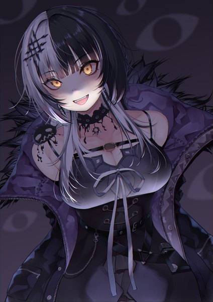 Anime picture 3307x4677 with virtual youtuber hololive hololive english shiori novella shiori novella (1st costume) yorick (shiori novella) himeliofon single long hair tall image fringe highres breasts open mouth black hair large breasts yellow eyes looking away absurdres cleavage