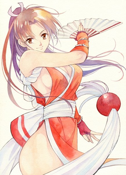 Anime picture 723x1000 with the king of fighters snk shiranui mai agahari single long hair tall image looking at viewer breasts light erotic simple background smile brown hair white background brown eyes ponytail traditional media watercolor (medium) girl gloves