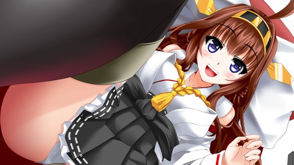 Anime picture 1600x900 with kantai collection kongou battleship jingangshi long hair blush open mouth blue eyes light erotic brown hair wide image ahoge traditional clothes pantyshot nontraditional miko girl thighhighs hair ornament underwear panties black thighhighs