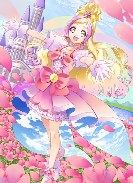 Anime picture 2000x2745 with precure go! princess precure toei animation haruno haruka cure flora yuutarou (fukiiincho) single long hair tall image looking at viewer highres open mouth blonde hair :d multicolored hair aqua eyes puffy sleeves streaked hair spread arms magical girl