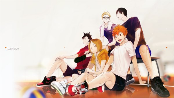 Anime picture 1500x844 with haikyuu!! production i.g kageyama tobio hinata shouyou tsukishima kei kuroo tetsurou kozume kenma zis (artist) short hair open mouth black hair blonde hair smile wide image sitting yellow eyes profile orange hair multiple boys orange eyes