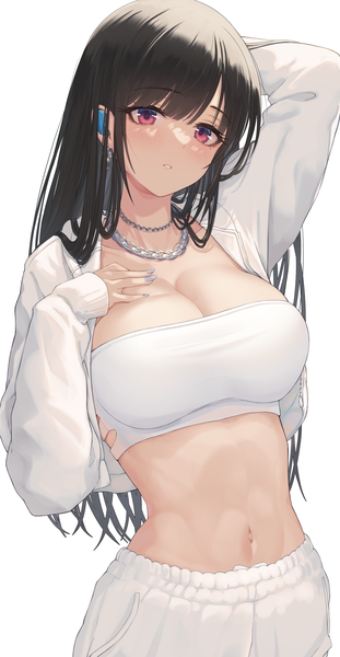 Anime picture 2216x4272 with original makamati single long hair tall image looking at viewer blush fringe highres breasts light erotic black hair simple background red eyes large breasts standing white background cleavage blunt bangs long sleeves