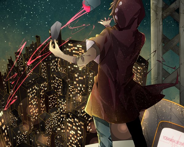 Anime picture 1000x800 with kagerou project shaft (studio) kano shuuya manako (manatera) single blonde hair standing sky fingernails from behind back city cityscape city lights boy hood star (stars) pants mask hoodie