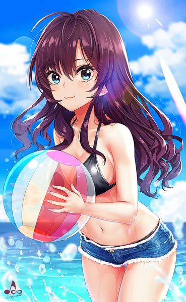 Anime picture 1000x1625 with idolmaster idolmaster cinderella girls ichinose shiki infinote single long hair tall image looking at viewer blush fringe breasts blue eyes light erotic smile hair between eyes large breasts standing bare shoulders holding signed