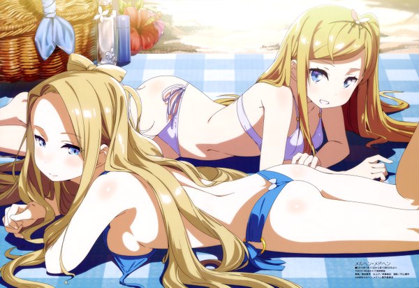 Anime picture 5920x4073 with marchen madchen megami magazine agathe arier arthur pendragon (marchen madchen) rikuta aoyora long hair looking at viewer highres breasts blue eyes light erotic blonde hair smile multiple girls absurdres ass lying official art girl flower (flowers)