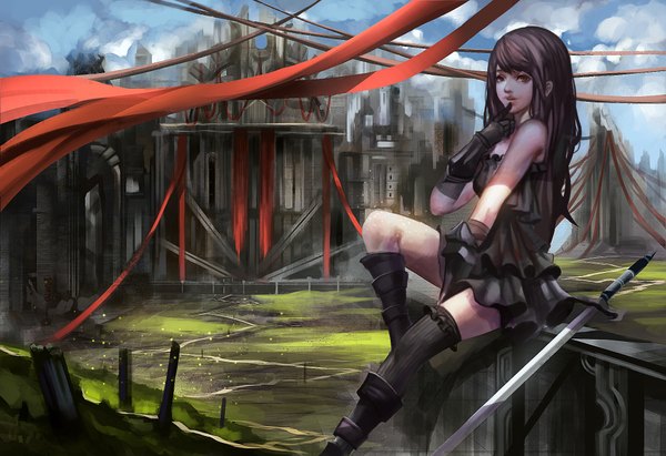 Anime picture 2000x1370 with original baka (mh6516620) single long hair looking at viewer highres black hair sitting sky cloud (clouds) black eyes finger to mouth girl thighhighs dress gloves weapon black thighhighs sword boots