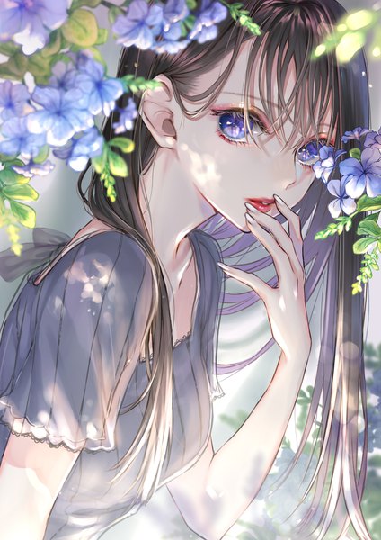 Anime picture 2896x4096 with visions ao+beni single long hair tall image looking at viewer fringe highres blue eyes black hair hair between eyes upper body nail polish parted lips fingernails short sleeves lipstick red lipstick hand to mouth hair over shoulder