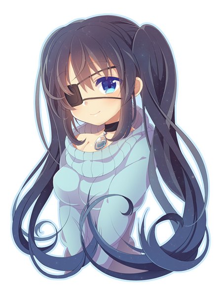 Anime picture 600x800 with original morimiya single long hair tall image looking at viewer blush fringe breasts blue eyes black hair simple background smile white background twintails bare shoulders upper body girl choker sweater