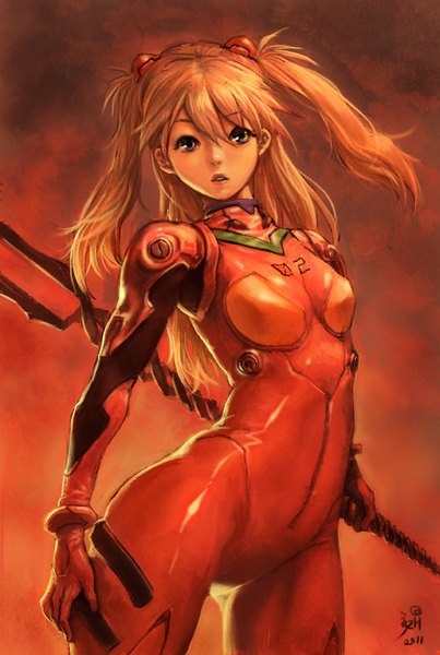 Anime picture 672x1001 with neon genesis evangelion gainax soryu asuka langley kizhod zerakim single long hair tall image looking at viewer fringe open mouth blue eyes hair between eyes holding parted lips lips two side up dated girl weapon