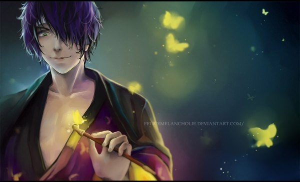 Anime picture 1200x730 with gintama sunrise (studio) takasugi shinsuke felicemelancholie single short hair wide image green eyes purple hair traditional clothes japanese clothes light smile realistic inscription magic boy kimono insect butterfly pipe