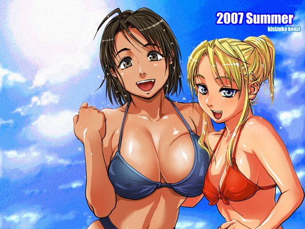 Anime picture 1600x1200 with kishizuka kenji highres breasts light erotic huge breasts beach breast press highleg 2007 swimsuit bikini red bikini highleg swimsuit