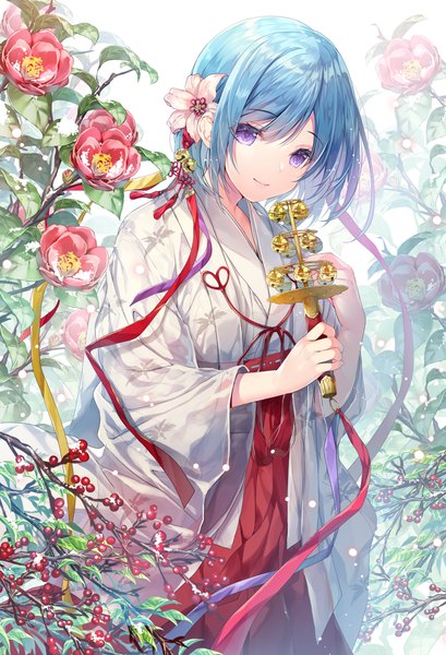 Anime picture 4533x6656 with original emori miku project emori miku miwabe sakura single long hair tall image looking at viewer fringe highres smile standing purple eyes holding blue hair absurdres traditional clothes japanese clothes hair flower wide sleeves