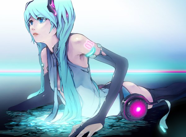 Anime picture 2100x1550 with vocaloid vocaloid append hatsune miku hatsune miku (append) si-phone (pixiv) single highres blue eyes twintails lying very long hair aqua hair girl gloves detached sleeves water necktie elbow gloves fingerless gloves
