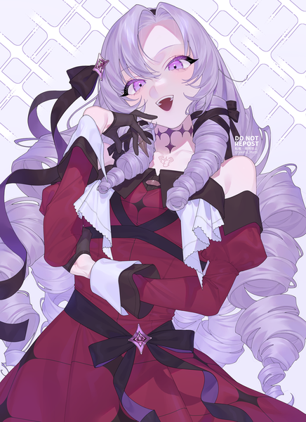 Anime picture 2832x3900 with virtual youtuber nijisanji hyakumantenbara salome hyakumantenbara salome (1st costume) mizuki mau single long hair tall image looking at viewer highres open mouth purple eyes purple hair head tilt :d drill hair girl dress gloves ribbon (ribbons)