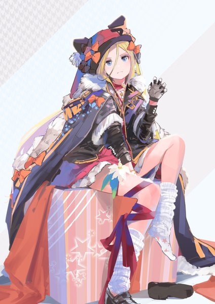 Anime picture 1100x1555 with fate (series) fate/grand order abigail williams (fate) kiriyama single long hair tall image looking at viewer fringe blue eyes simple background blonde hair hair between eyes sitting head tilt alternate costume fur trim single shoe girl gloves