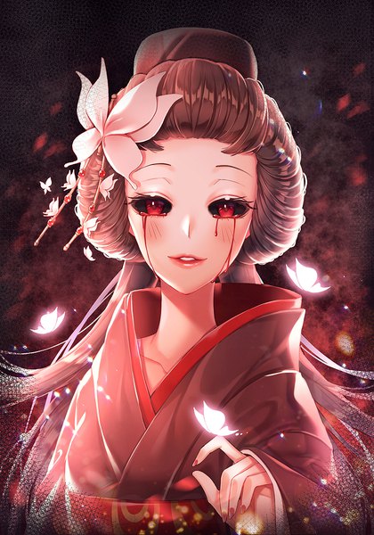 Anime picture 740x1057 with identity v michiko (identity v) tempi (yise426) single long hair tall image looking at viewer blush simple background smile red eyes brown hair upper body nail polish traditional clothes parted lips japanese clothes fingernails lips wide sleeves