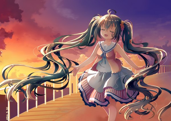 Anime picture 3507x2480 with vocaloid hatsune miku fukio single highres open mouth twintails absurdres sky cloud (clouds) eyes closed very long hair hair flower aqua hair evening sunset girl dress hair ornament flower (flowers)