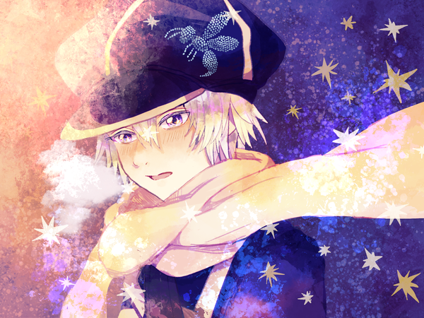 Anime picture 2160x1620 with tegami bachi gauche suede user czpt4445 single blush fringe highres short hair open mouth hair between eyes purple eyes looking away upper body white hair wind exhalation boy uniform hat scarf