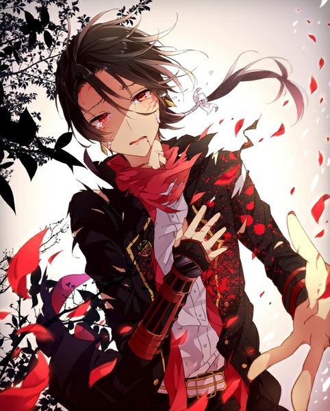 Anime picture 650x809 with touken ranbu nitroplus kashuu kiyomitsu tobari (brokenxxx) single long hair tall image looking at viewer open mouth black hair red eyes ponytail wind tears outstretched arm boy earrings petals scarf blood