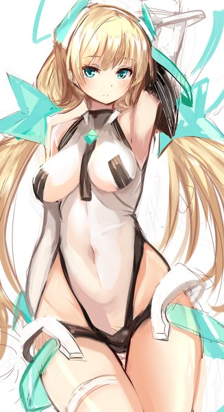 Anime picture 1200x2200 with expelled from paradise angela balzac haik single long hair tall image looking at viewer blush fringe breasts light erotic blonde hair large breasts standing twintails green eyes armpit (armpits) alternate costume crossed legs low twintails