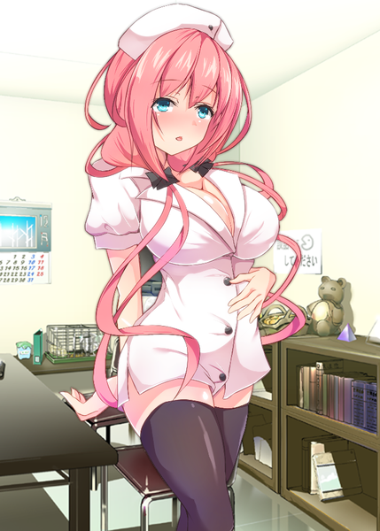 Anime picture 687x960 with original kuro75268 single long hair tall image looking at viewer blush fringe breasts open mouth light erotic large breasts twintails pink hair cleavage indoors parted lips aqua eyes arm behind back nurse