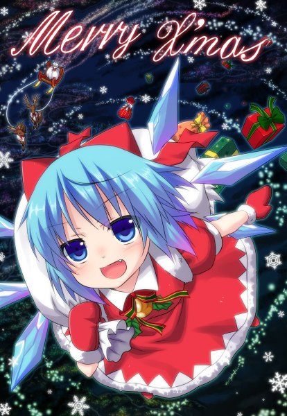 Anime picture 828x1200 with touhou cirno yano mitsuki single tall image blush fringe short hair open mouth blue eyes holding blue hair looking away :d from above fang (fangs) happy christmas weightlessness merry christmas