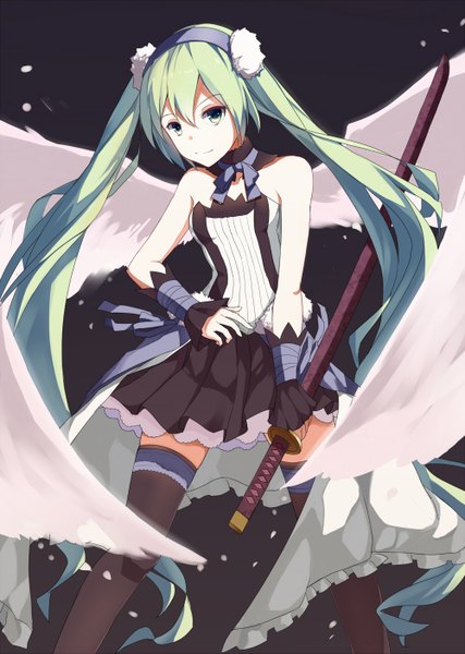 Anime picture 1000x1405 with 7th dragon 7th dragon 2020 vocaloid hatsune miku foxbird single tall image looking at viewer fringe simple background smile bare shoulders bent knee (knees) very long hair pleated skirt aqua eyes aqua hair black background angel wings white wings